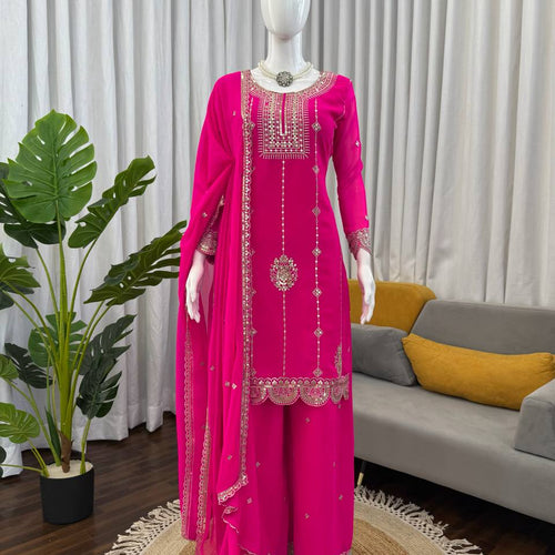 Pink Color Sequence Work Designer Georgette Palazzo Suit