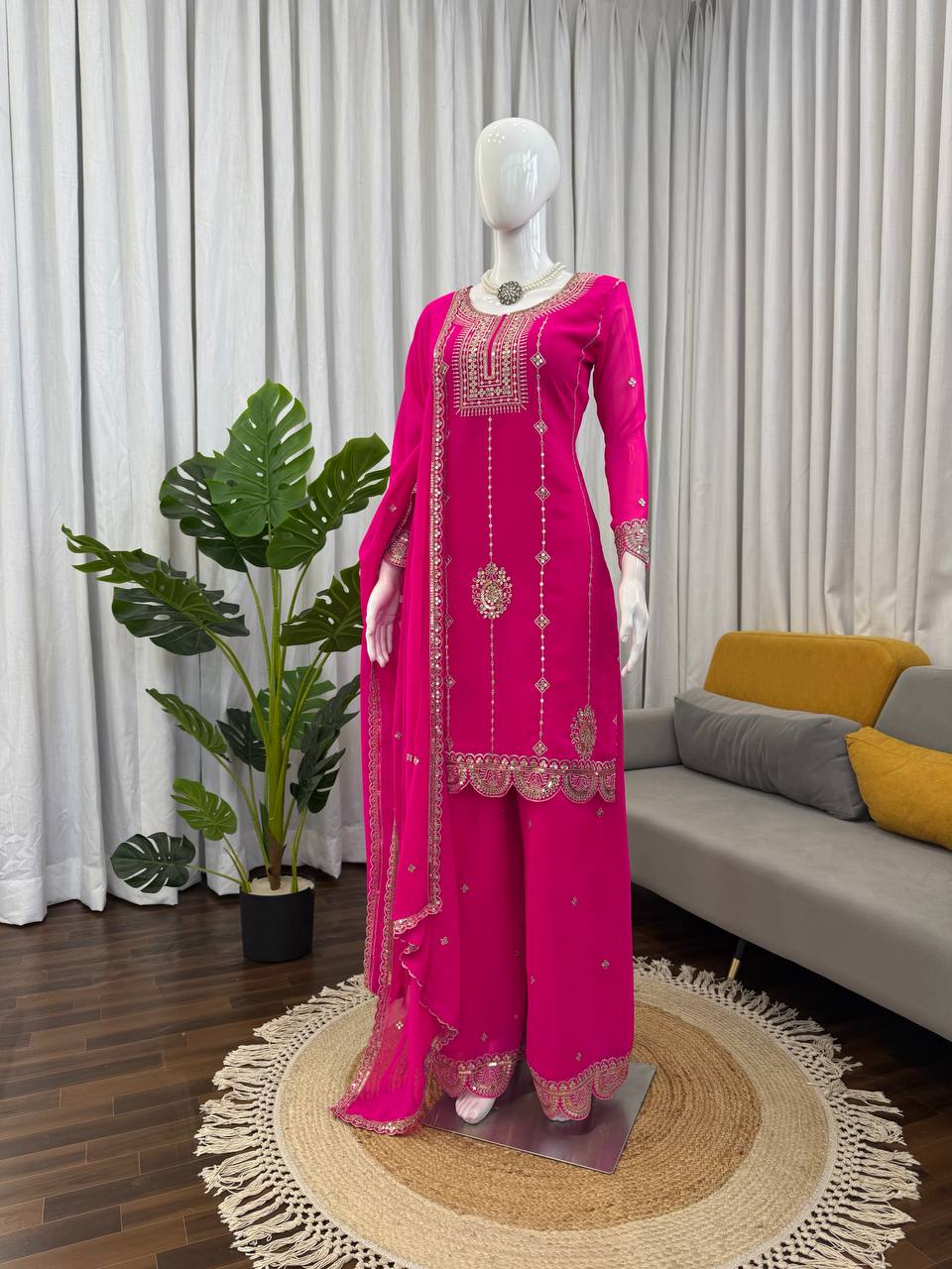 Pink Color Sequence Work Designer Georgette Palazzo Suit