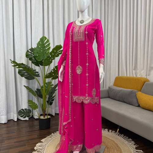 Pink Color Sequence Work Designer Georgette Palazzo Suit