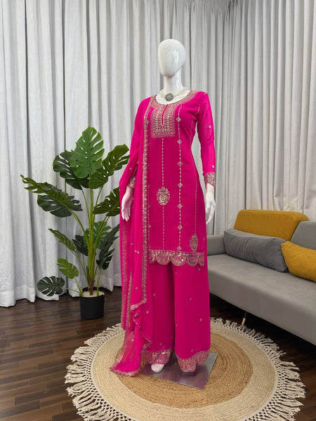 Pink Color Sequence Work Designer Georgette Palazzo Suit