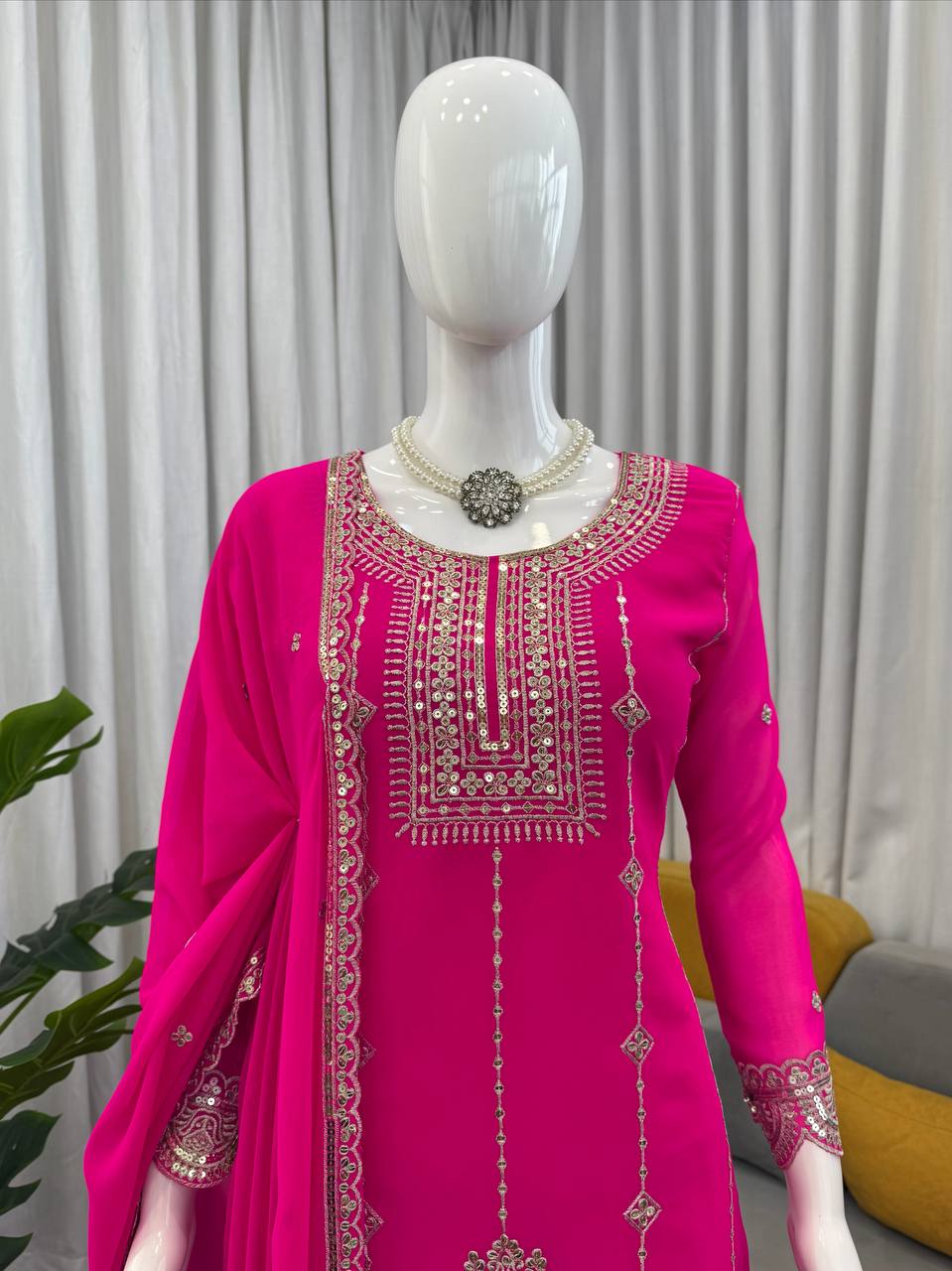 Pink Color Sequence Work Designer Georgette Palazzo Suit