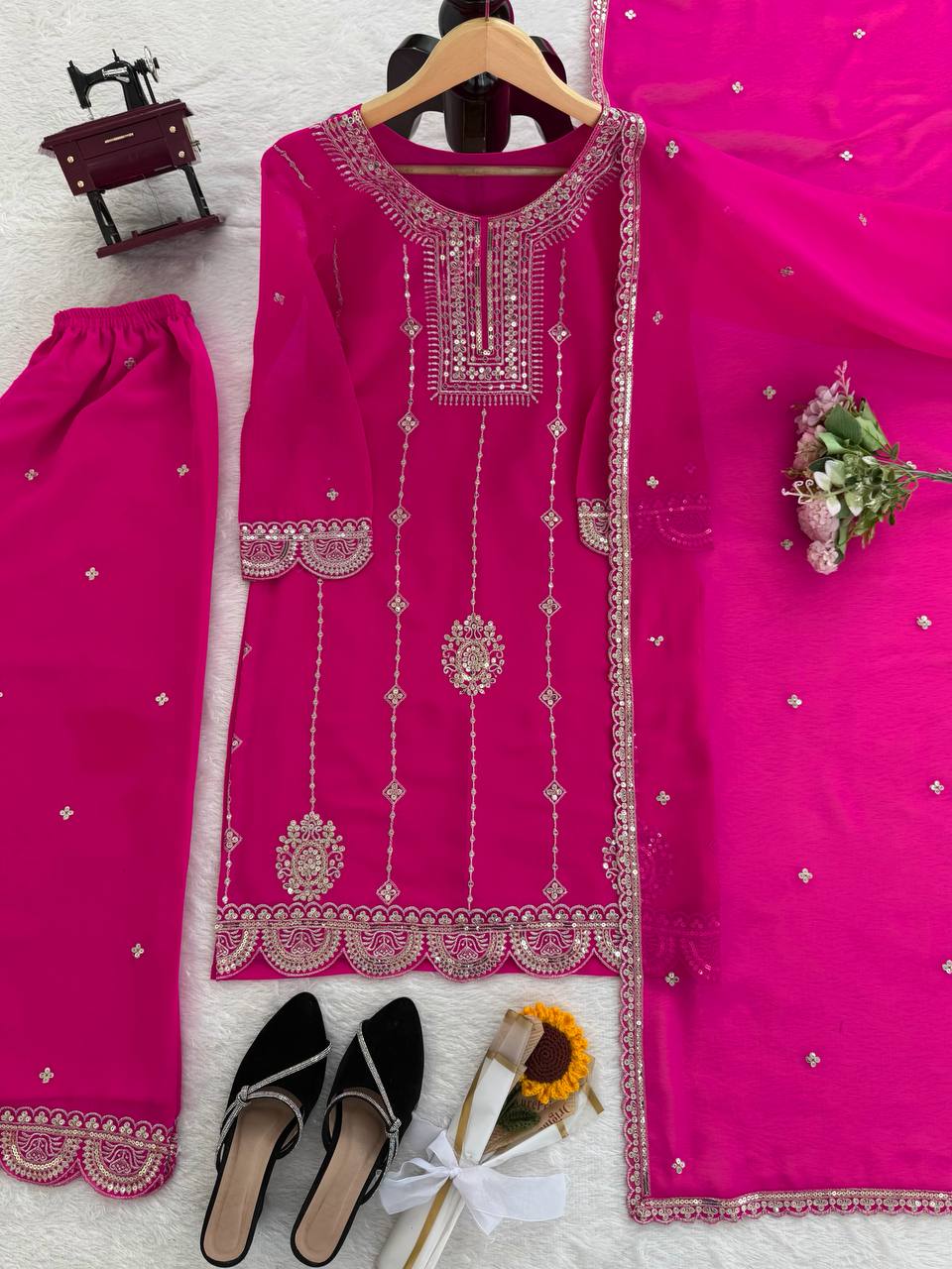 Pink Color Sequence Work Designer Georgette Palazzo Suit