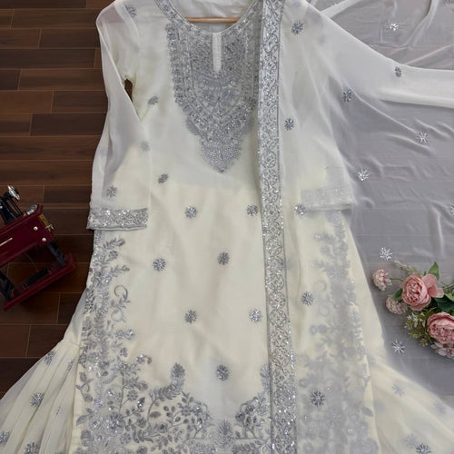 White Color Wedding Wear Heavy Embroidery Georgette Suit