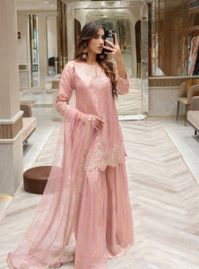 Peach Color Embroidery Sequence Work Designer Palazzo Suit
