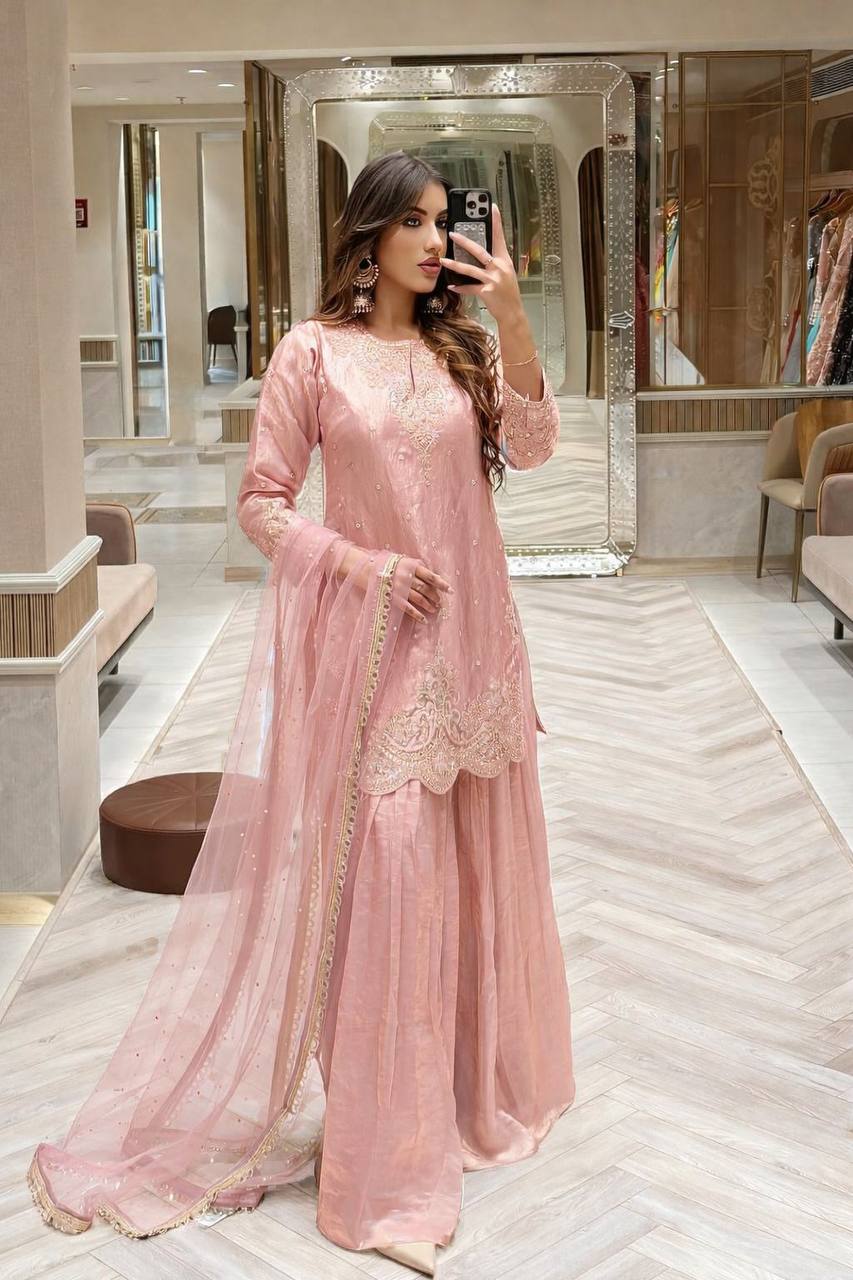 Peach Color Embroidery Sequence Work Designer Palazzo Suit