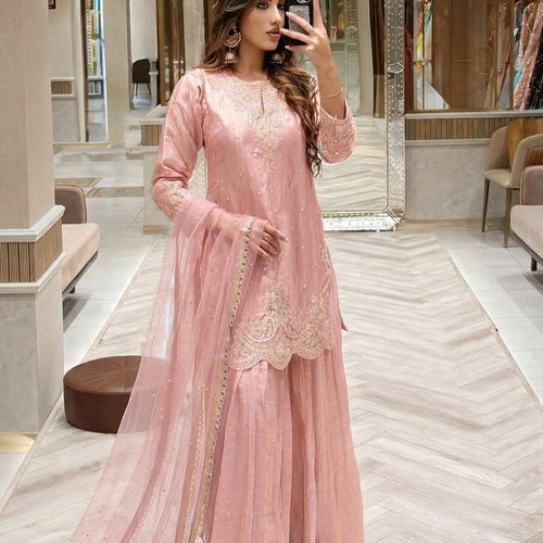 Peach Color Embroidery Sequence Work Designer Palazzo Suit