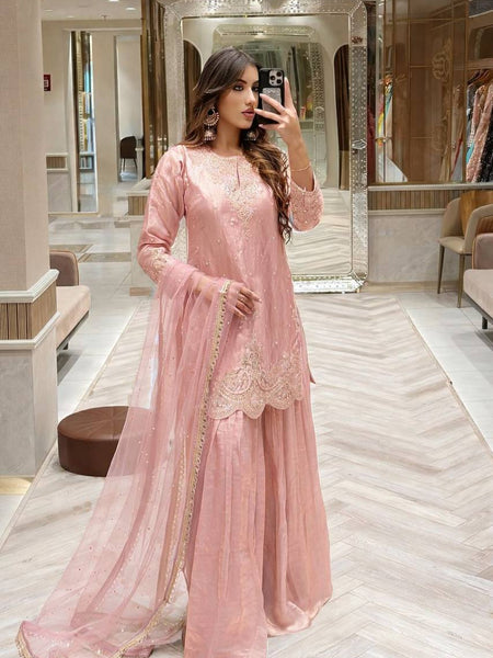 Peach Color Embroidery Sequence Work Designer Palazzo Suit