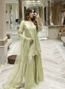 Lime Green Color Embroidery Sequence Work Designer Palazzo Suit