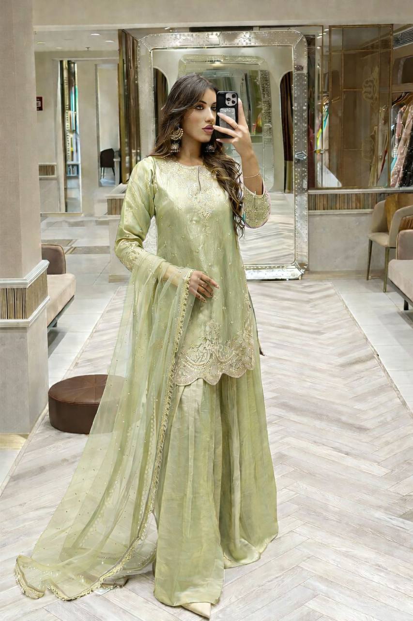 Lime Green Color Embroidery Sequence Work Designer Palazzo Suit