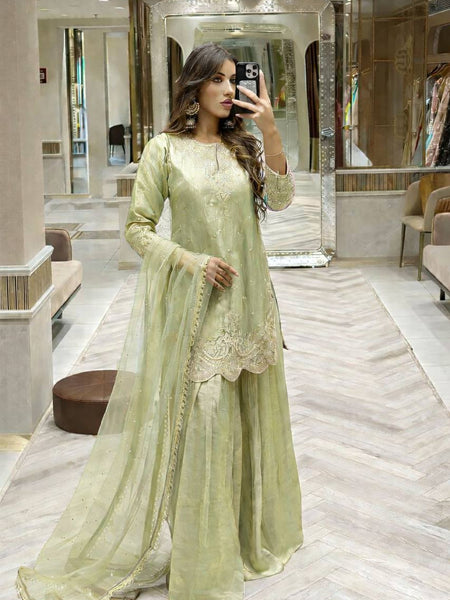 Lime Green Color Embroidery Sequence Work Designer Palazzo Suit