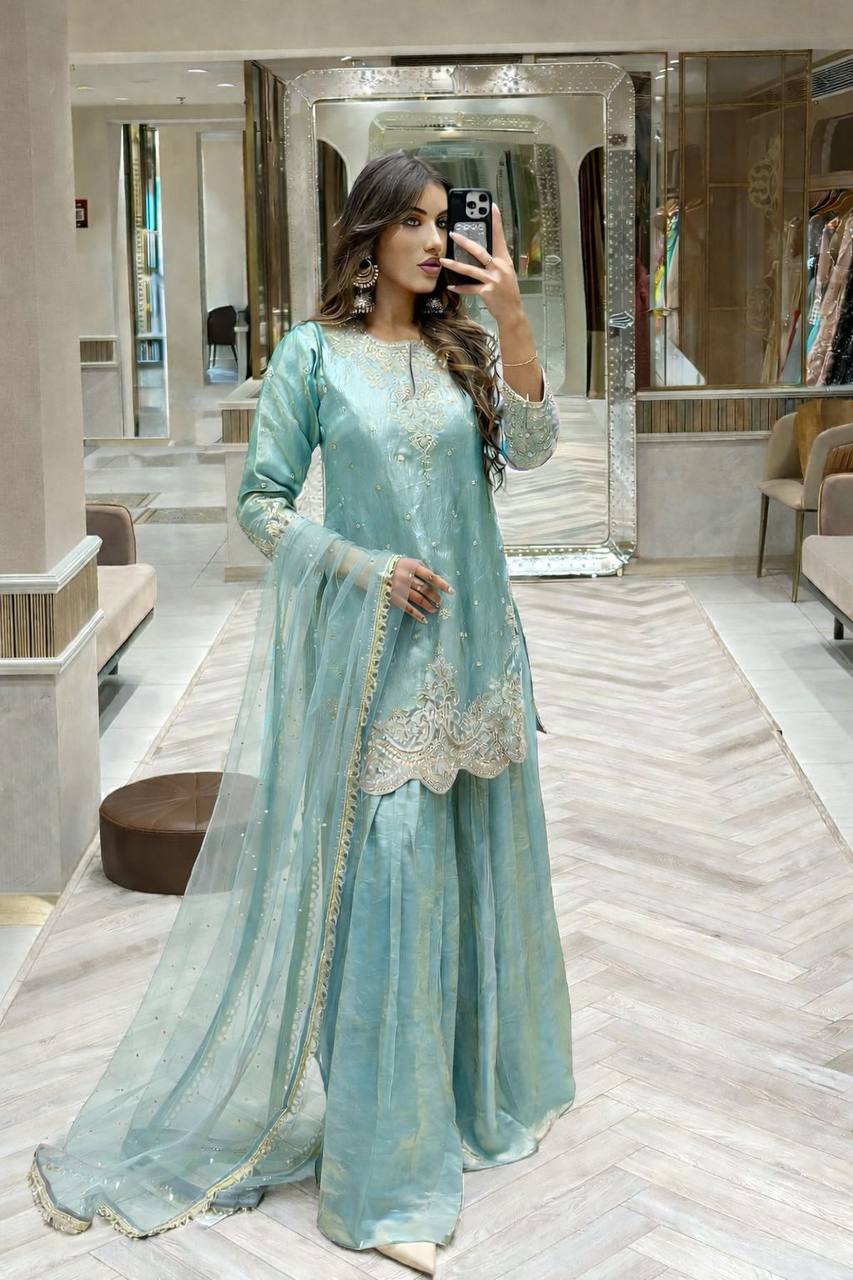 Sky Blue Color Embroidery Sequence Work Designer Palazzo Suit