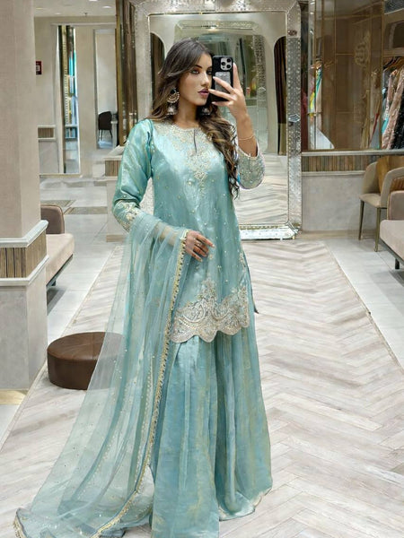 Sky Blue Color Embroidery Sequence Work Designer Palazzo Suit