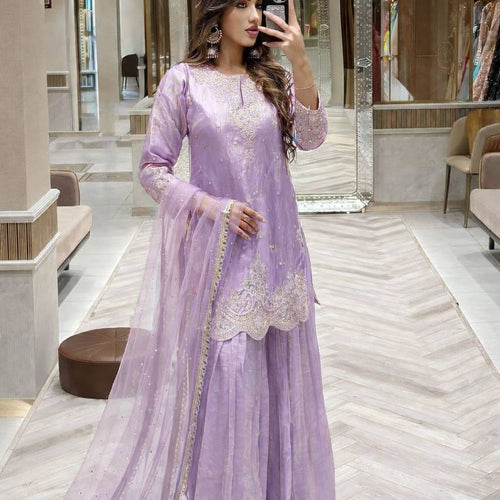 Lavender Color Embroidery Sequence Work Designer Palazzo Suit