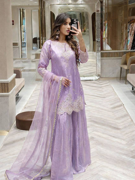 Lavender Color Embroidery Sequence Work Designer Palazzo Suit