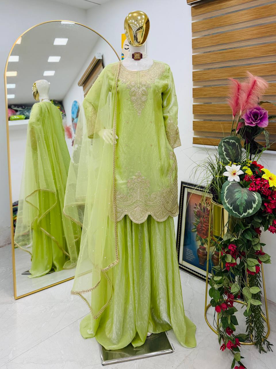 Lime Green Color Embroidery Sequence Work Designer Palazzo Suit