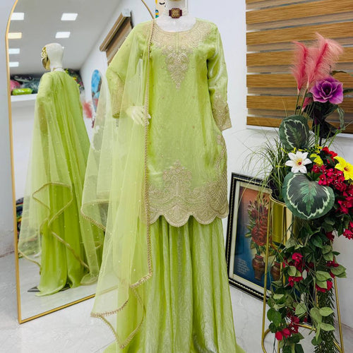 Lime Green Color Embroidery Sequence Work Designer Palazzo Suit