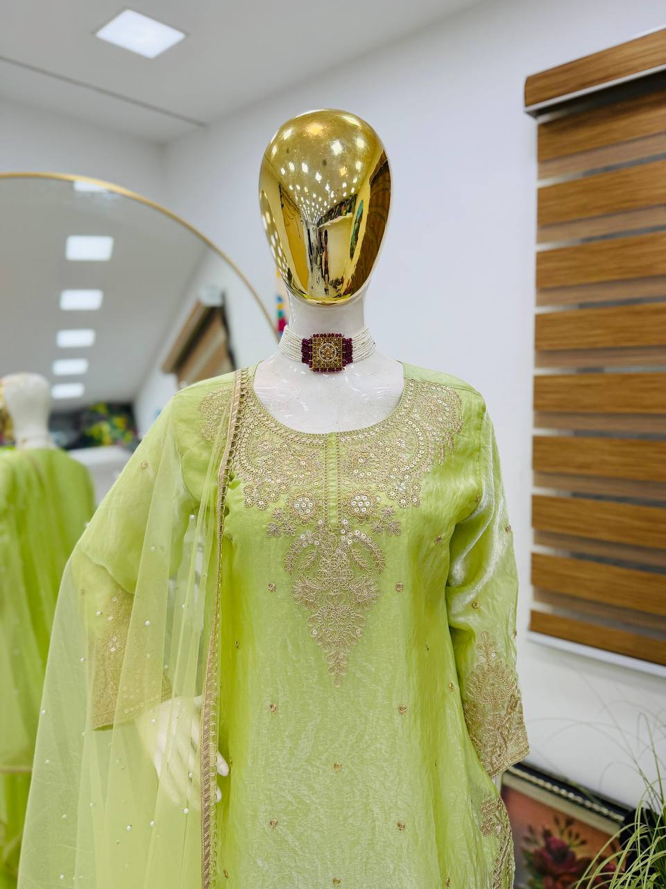 Lime Green Color Embroidery Sequence Work Designer Palazzo Suit