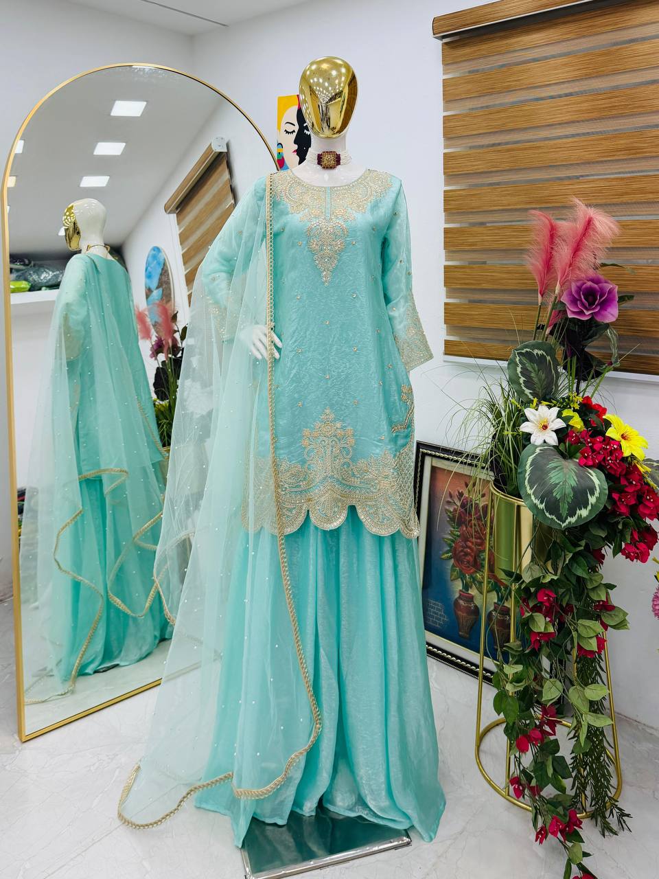 Sky Blue Color Embroidery Sequence Work Designer Palazzo Suit