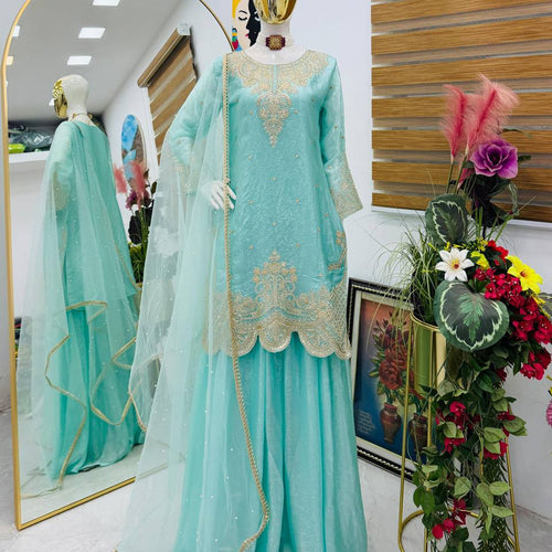 Sky Blue Color Embroidery Sequence Work Designer Palazzo Suit