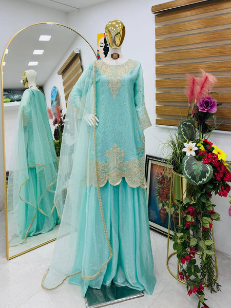 Sky Blue Color Embroidery Sequence Work Designer Palazzo Suit