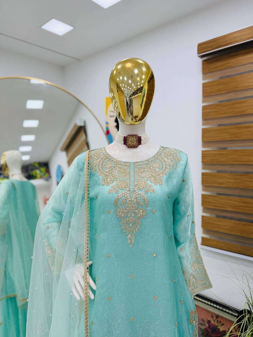 Sky Blue Color Embroidery Sequence Work Designer Palazzo Suit