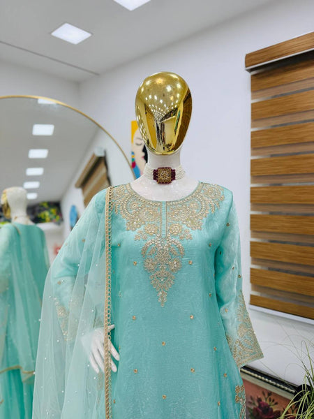 Sky Blue Color Embroidery Sequence Work Designer Palazzo Suit