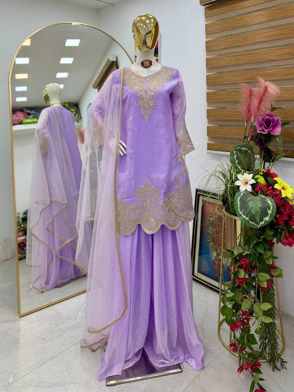Lavender Color Embroidery Sequence Work Designer Palazzo Suit
