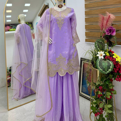 Lavender Color Embroidery Sequence Work Designer Palazzo Suit