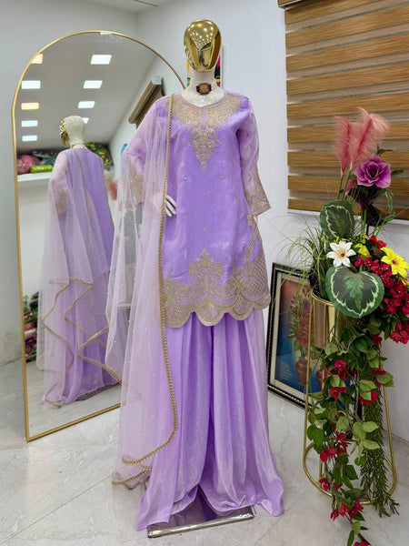 Lavender Color Embroidery Sequence Work Designer Palazzo Suit