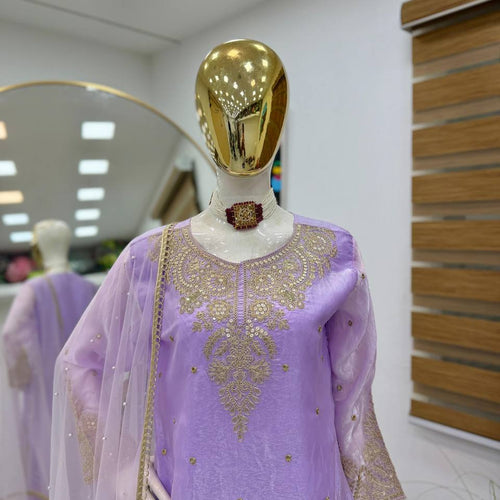 Lavender Color Embroidery Sequence Work Designer Palazzo Suit