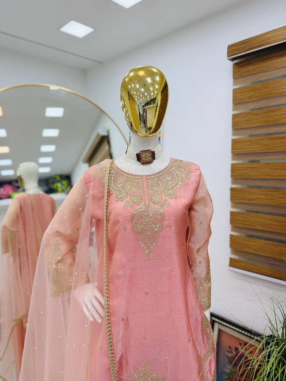 Peach Color Embroidery Sequence Work Designer Palazzo Suit