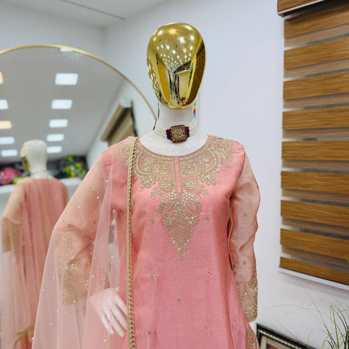 Peach Color Embroidery Sequence Work Designer Palazzo Suit