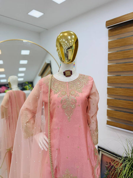 Peach Color Embroidery Sequence Work Designer Palazzo Suit