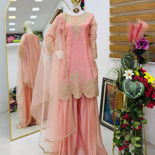 Peach Color Embroidery Sequence Work Designer Palazzo Suit