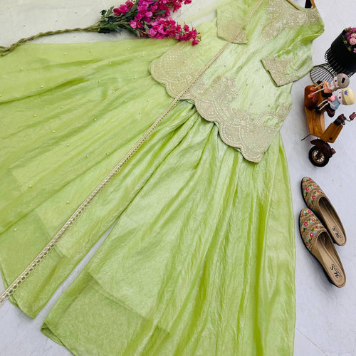 Lime Green Color Embroidery Sequence Work Designer Palazzo Suit