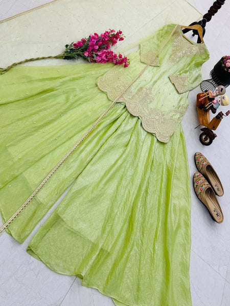 Lime Green Color Embroidery Sequence Work Designer Palazzo Suit