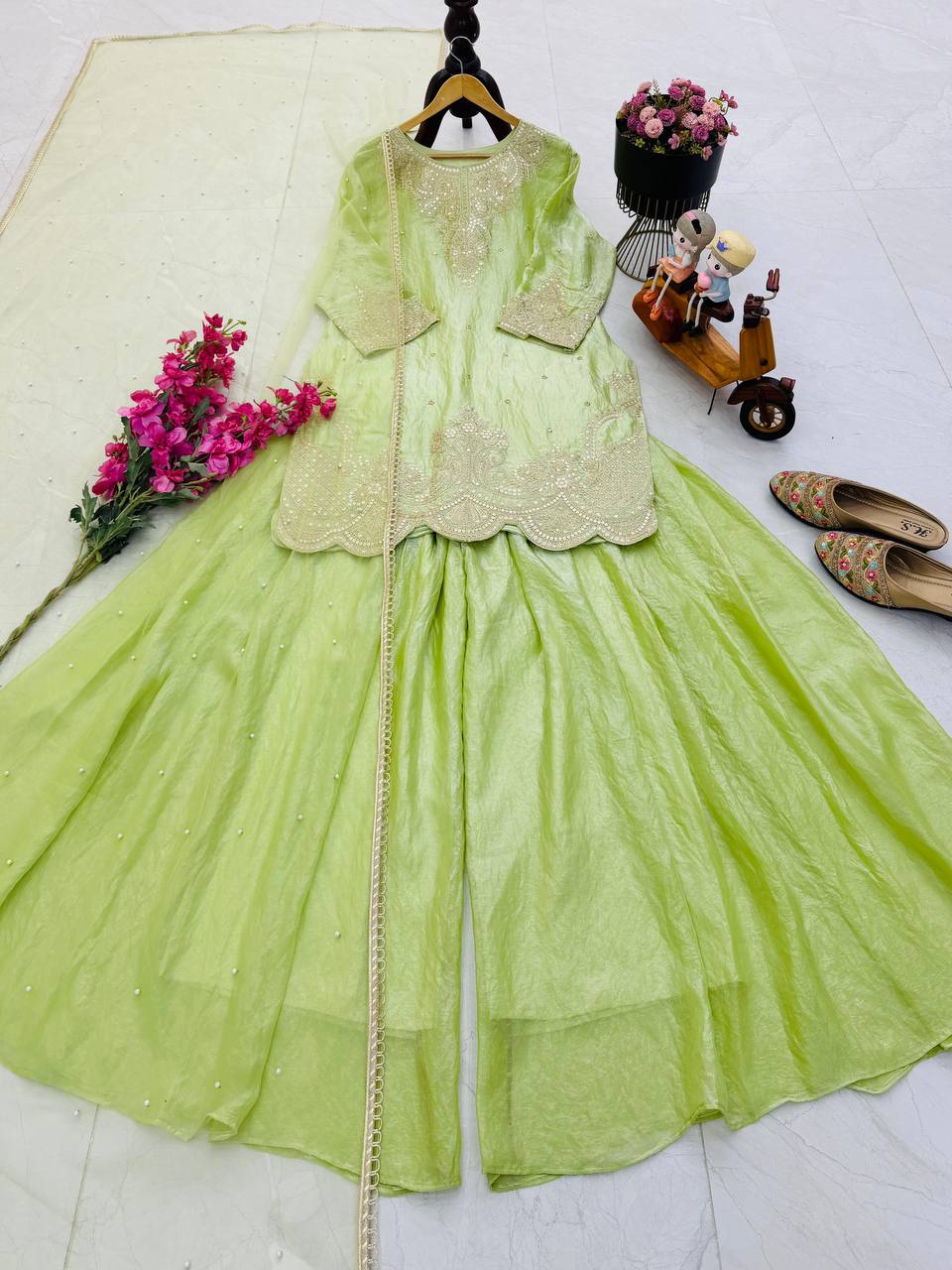 Lime Green Color Embroidery Sequence Work Designer Palazzo Suit