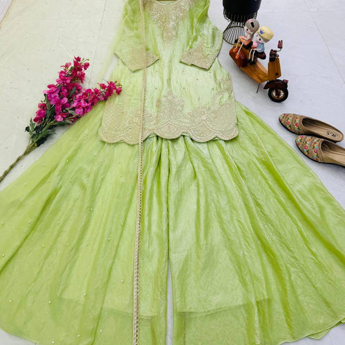 Lime Green Color Embroidery Sequence Work Designer Palazzo Suit