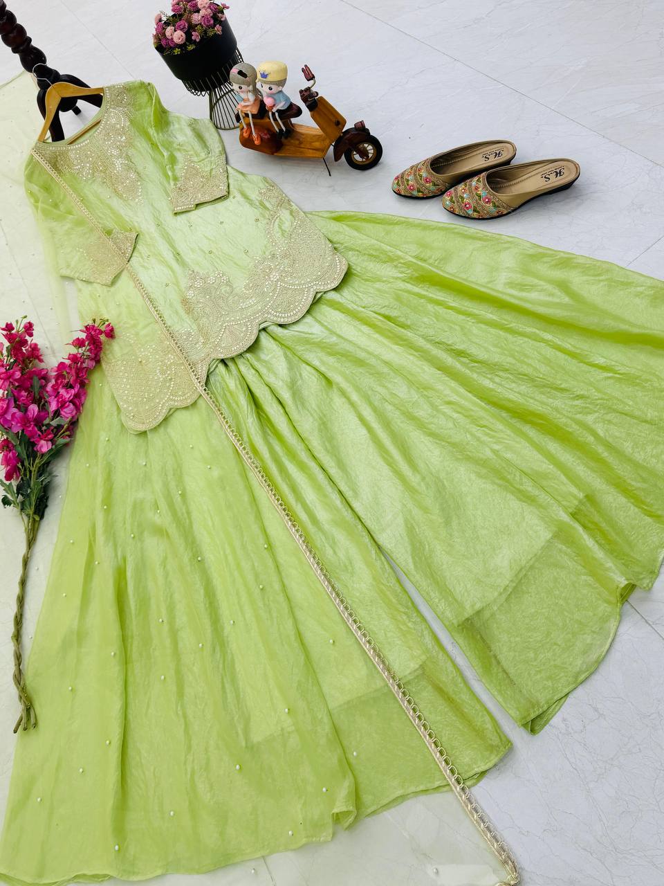 Lime Green Color Embroidery Sequence Work Designer Palazzo Suit