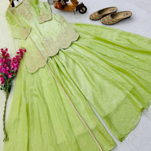 Lime Green Color Embroidery Sequence Work Designer Palazzo Suit