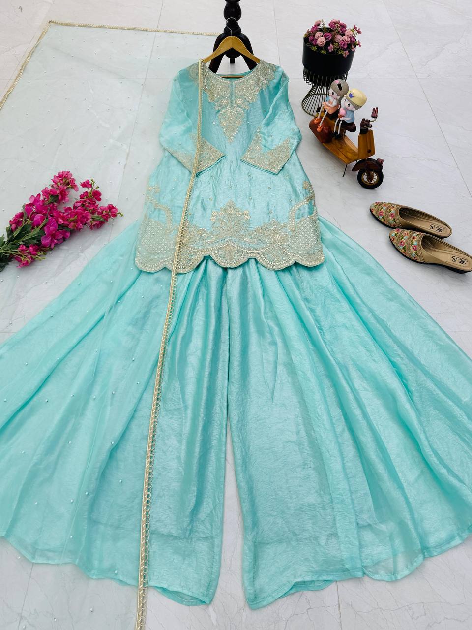 Sky Blue Color Embroidery Sequence Work Designer Palazzo Suit