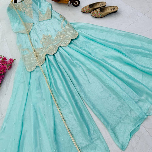 Sky Blue Color Embroidery Sequence Work Designer Palazzo Suit