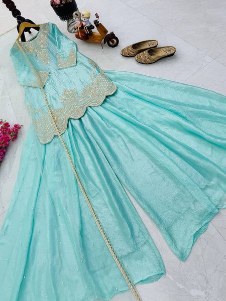 Sky Blue Color Embroidery Sequence Work Designer Palazzo Suit