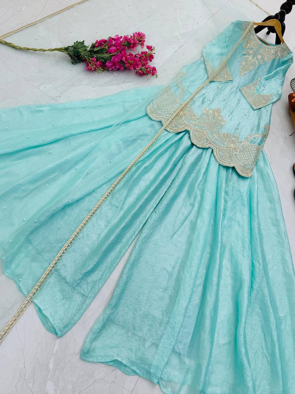 Sky Blue Color Embroidery Sequence Work Designer Palazzo Suit