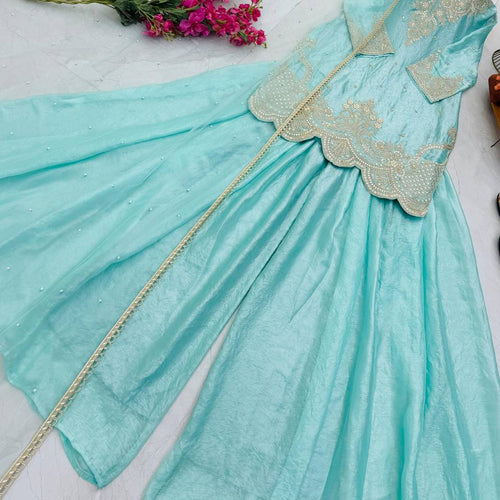 Sky Blue Color Embroidery Sequence Work Designer Palazzo Suit