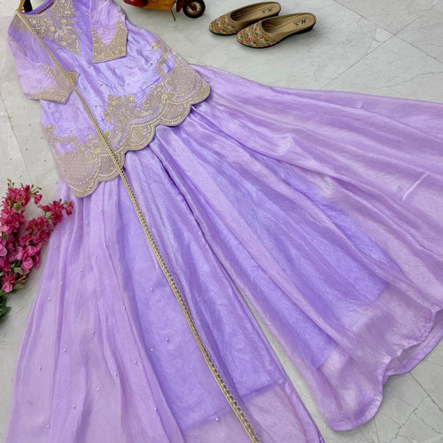 Lavender Color Embroidery Sequence Work Designer Palazzo Suit