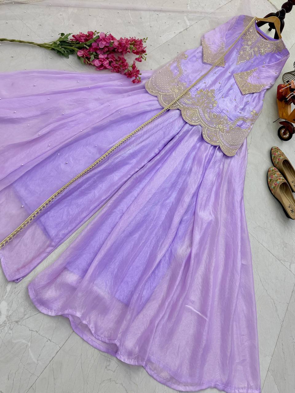 Lavender Color Embroidery Sequence Work Designer Palazzo Suit