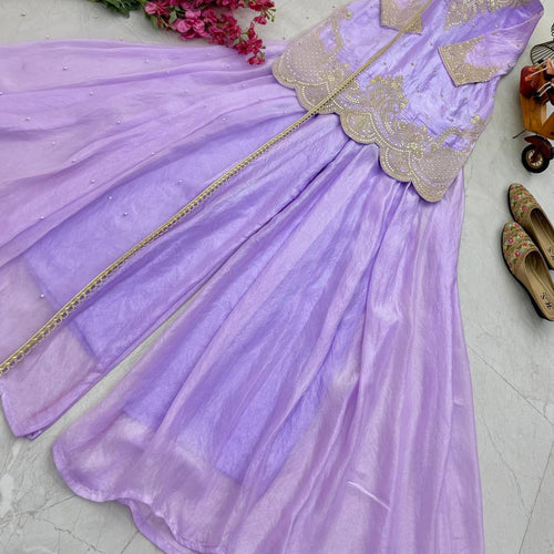 Lavender Color Embroidery Sequence Work Designer Palazzo Suit