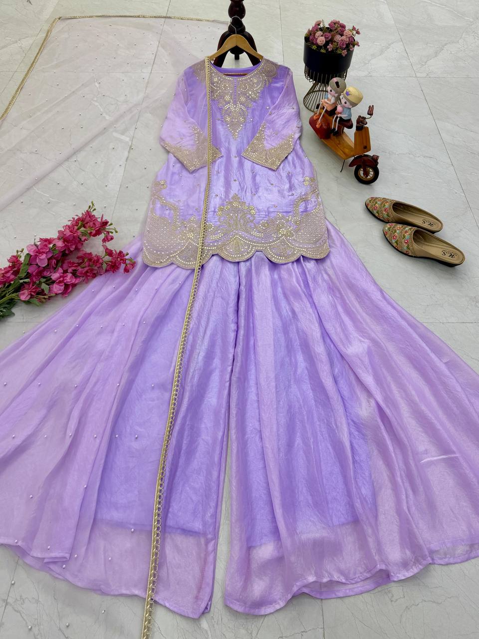Lavender Color Embroidery Sequence Work Designer Palazzo Suit