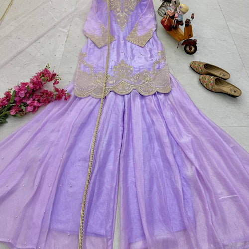 Lavender Color Embroidery Sequence Work Designer Palazzo Suit